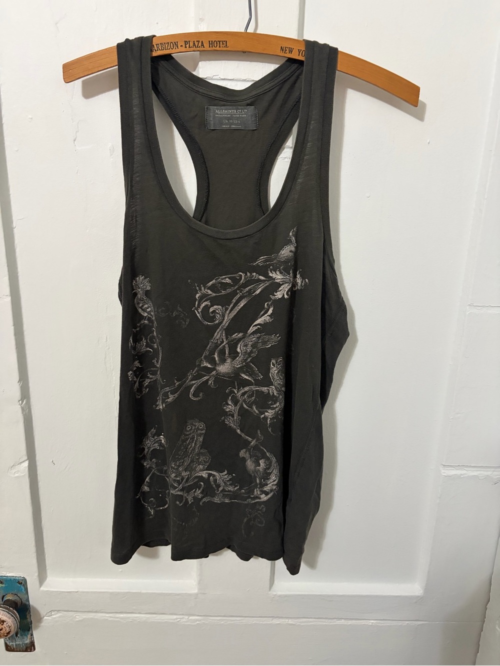 All Saints Black Racerback Tank with Metallic Floral & Bird Print